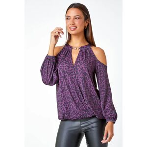OFF 17% Roman Animal Print Cold Shoulder Stretch Top in Purple 16 female Roman